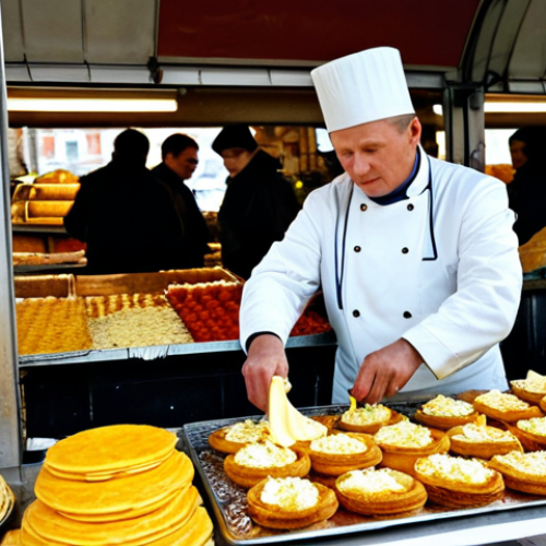 Home 18 **
"A vendor at Danilovsky Market in Moscow, preparing zapiekanka. The scene is bustling with customers. The vendor is fully clothed in appropriate attire. The zapiekanka is golden brown with melted cheese and various toppings. Safe for work, appropriate content, fully clothed, professional food photography, perfect anatomy, natural proportions, high quality."
**