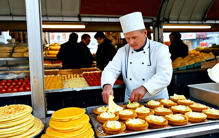**
"A vendor at Danilovsky Market in Moscow, preparing zapiekanka. The scene is bustling with customers. The vendor is fully clothed in appropriate attire. The zapiekanka is golden brown with melted cheese and various toppings. Safe for work, appropriate content, fully clothed, professional food photography, perfect anatomy, natural proportions, high quality."
**
