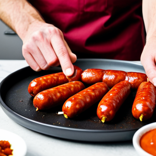 Home 17 Preparing Currywurst**
A professional-looking kitchen scene with someone preparing Currywurst. Focus on a close-up of hands carefully slicing a Bratwurst sausage over a plate of freshly made, vibrant red Currywurst sauce. Spices are sprinkled artfully. The scene is clean and well-lit, suggesting a cooking show or professional food photography. Fully clothed, modest clothing, appropriate attire, safe for work, perfect anatomy, natural proportions, professional, family-friendly.
**