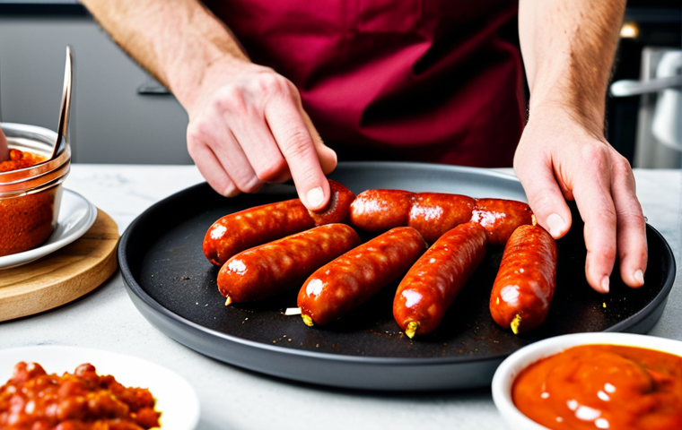 Preparing Currywurst**
A professional-looking kitchen scene with someone preparing Currywurst. Focus on a close-up of hands carefully slicing a Bratwurst sausage over a plate of freshly made, vibrant red Currywurst sauce. Spices are sprinkled artfully. The scene is clean and well-lit, suggesting a cooking show or professional food photography. Fully clothed, modest clothing, appropriate attire, safe for work, perfect anatomy, natural proportions, professional, family-friendly.
**
