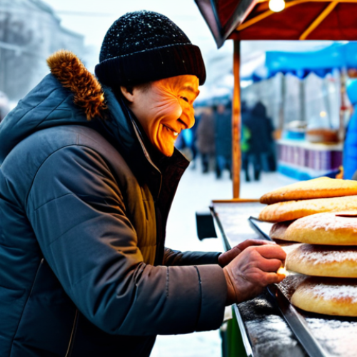 Home 16 Classic Honey Hotteok Vendor**
"A friendly food vendor in Moscow, fully clothed in a warm winter coat and hat, cheerfully prepares classic honey hotteok at a street food stall during a winter festival. Snow is gently falling, lights are strung overhead. Focus on the vendor's hands expertly pressing the dough. Safe for work, appropriate content, professional, perfect anatomy, natural proportions, well-formed hands."
**