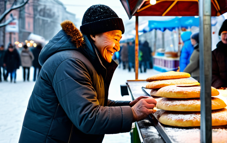 Classic Honey Hotteok Vendor**
"A friendly food vendor in Moscow, fully clothed in a warm winter coat and hat, cheerfully prepares classic honey hotteok at a street food stall during a winter festival. Snow is gently falling, lights are strung overhead. Focus on the vendor's hands expertly pressing the dough. Safe for work, appropriate content, professional, perfect anatomy, natural proportions, well-formed hands."
**