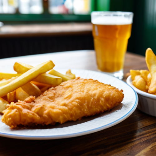 Home 7 런던 피쉬 앤 칩스 전통 레시피 - Classic Fish and Chips**
A portion of golden, crispy Fish and Chips served on a white plate. The fi...