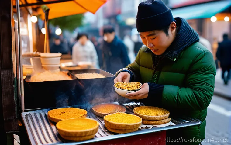 부산 씨앗호떡과 서울 꿀호떡 비교 - **Prompt 1: Busan Ssiat Hotteok in a Winter Street Scene**
    "A close-up shot of a freshly prepare...