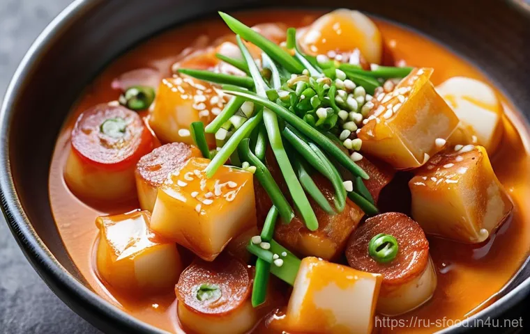 한국 떡볶이 종류별 소스 조합 - **Rose Tteokbokki: Creamy Indulgence**
    A close-up, top-down shot of a beautifully presented bowl...