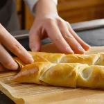 Home 16 모로코 치킨 브리와트 바삭하게 만드는 법 - **Prompt 1: The Art of Folding Briouats**
A close-up shot of elegant, slender hands (not explici...