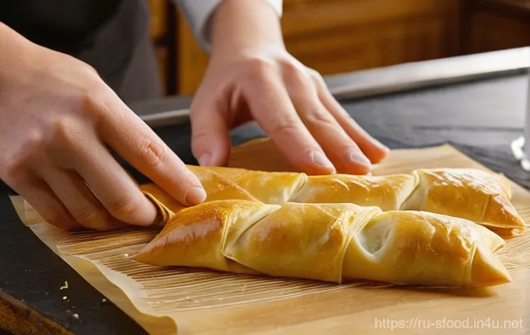 모로코 치킨 브리와트 바삭하게 만드는 법 - **Prompt 1: The Art of Folding Briouats**
A close-up shot of elegant, slender hands (not explici...