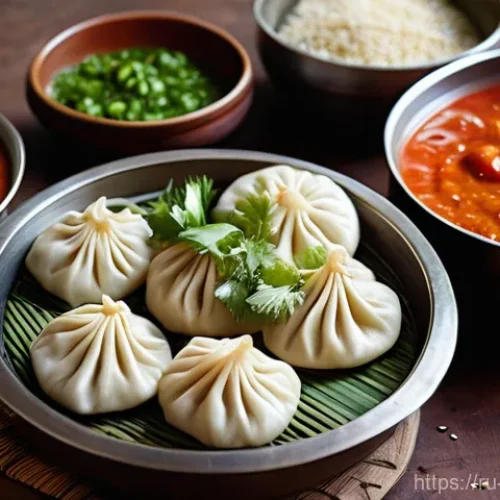 Home 27 네팔 모모 덤플링 소스 추천 - **Prompt 1: Classic Nepali Momo Feast**
A vibrant, high-angle photorealistic shot of a rustic wo...