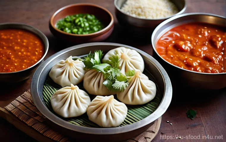 네팔 모모 덤플링 소스 추천 - **Prompt 1: Classic Nepali Momo Feast**
A vibrant, high-angle photorealistic shot of a rustic wo...