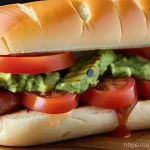 Home 13 칠레 콤플리토 칠레식 핫도그 조리법 - **Completo Italiano: Classic and Vibrant**
A close-up, top-down shot of a perfectly assembled "C...