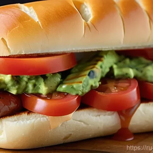 Home 25 칠레 콤플리토 칠레식 핫도그 조리법 - **Completo Italiano: Classic and Vibrant**
A close-up, top-down shot of a perfectly assembled "C...