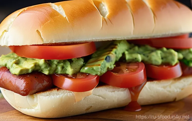 칠레 콤플리토 칠레식 핫도그 조리법 - **Completo Italiano: Classic and Vibrant**
A close-up, top-down shot of a perfectly assembled "C...