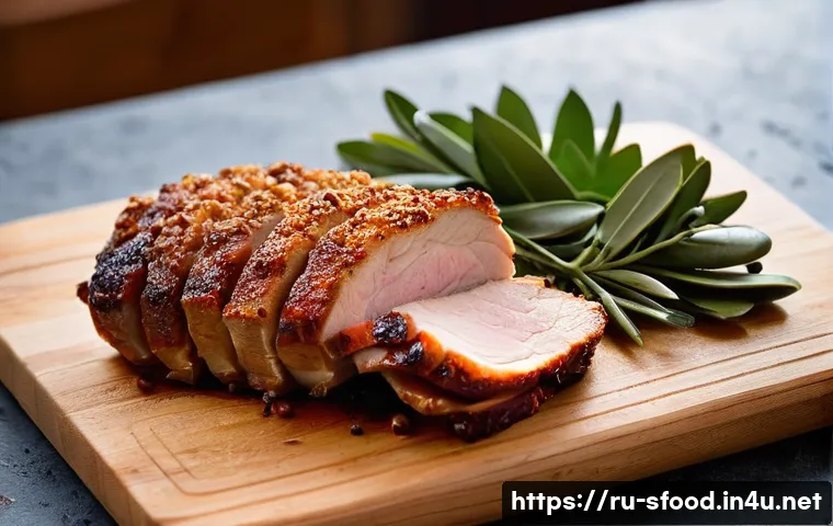 덴마크 플래스크스테그 샌드위치 레시피 - **A perfectly roasted Danish Fleskesteg (pork roast) masterpiece**, presented on a rustic wooden cut...