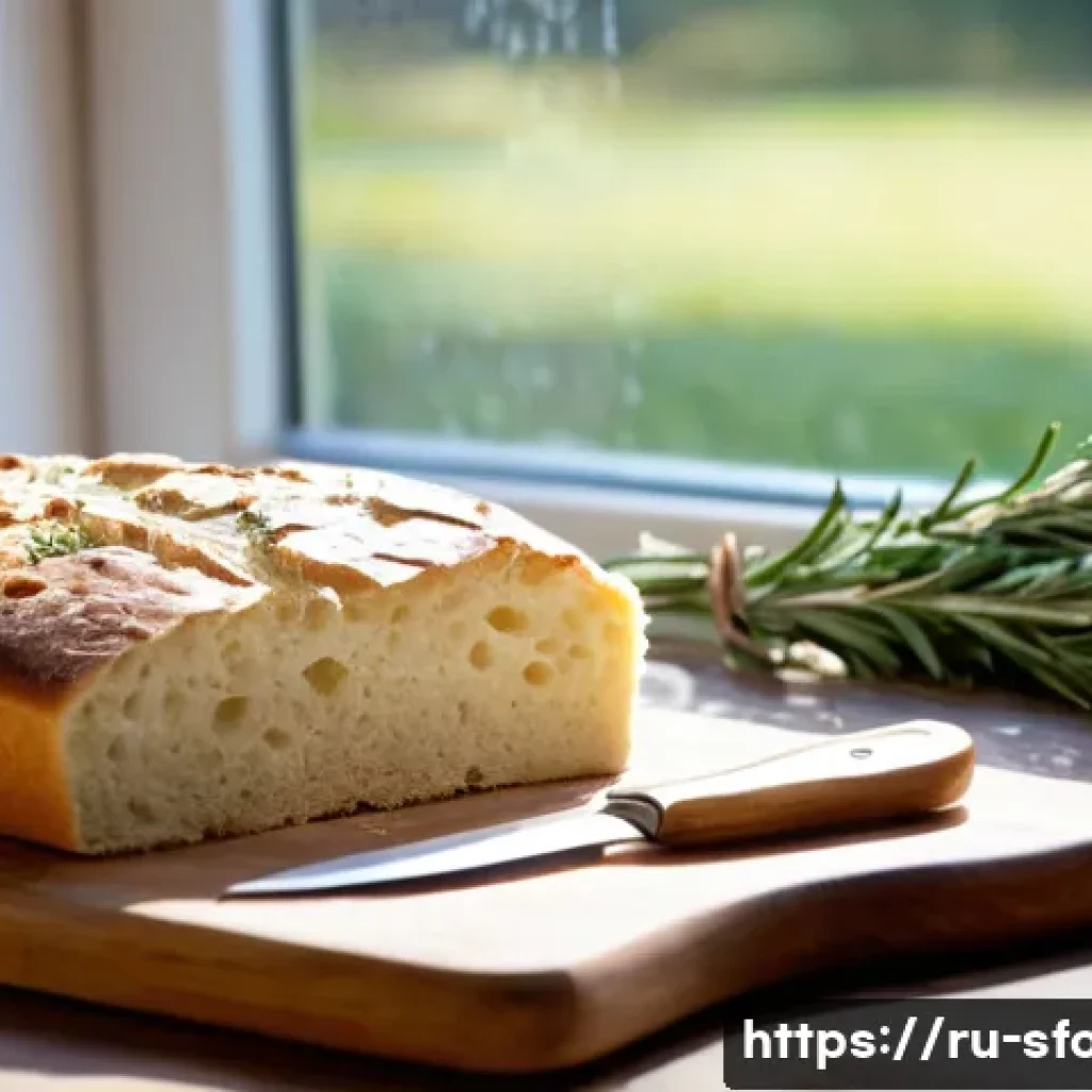 이탈리아 포카치아 샌드위치 조리법 - A rustic Italian kitchen scene featuring a freshly baked focaccia bread on a wooden board, topped wi...