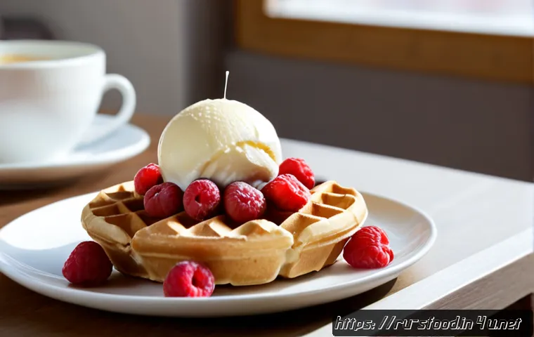 Home 16 벨기에 와플과 아이스크림 조합 - Photorealistic Belgian waffle topped with a generous scoop of vanilla ice cream, warm berry compote ...